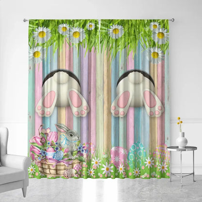 Pastel blue bunny easter curtains with pole pocket for living rooms