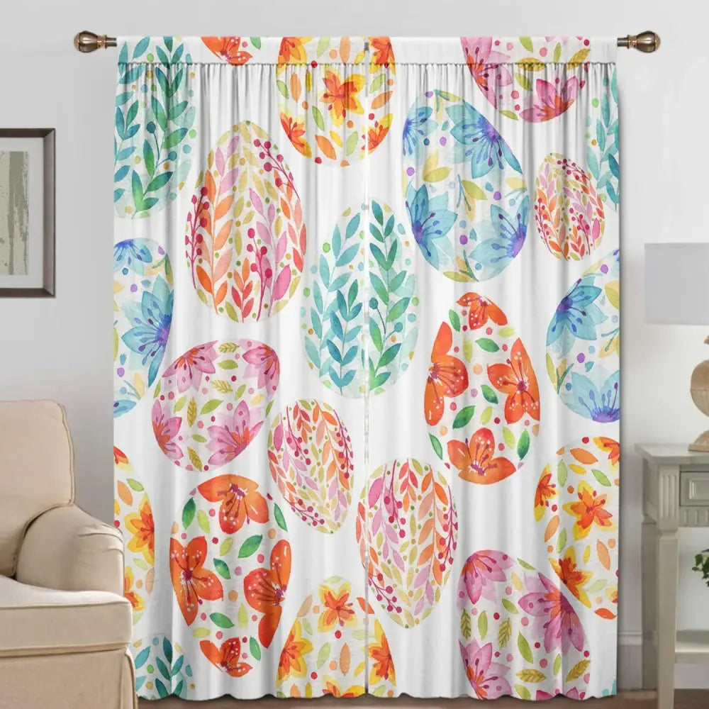 Pastel blue bunny easter curtains with pole pocket for living rooms