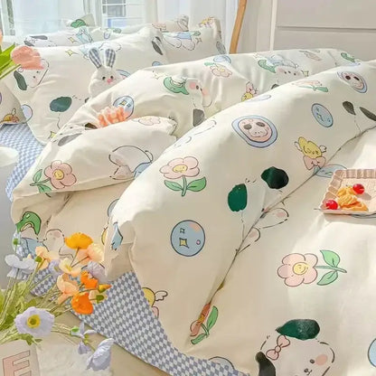 Pastel bunny and flower cartoon print bedding set bedroom decor