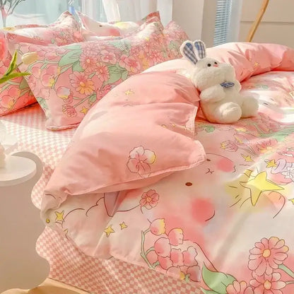 Pastel bunny and flower cartoon print bedding set bedroom decor