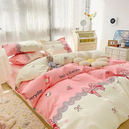 Pastel bunny and flower cartoon print bedding set bedroom decor