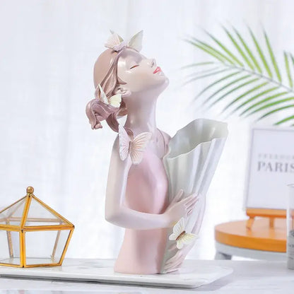 Pastel butterfly girl flower vase living room resin ornaments