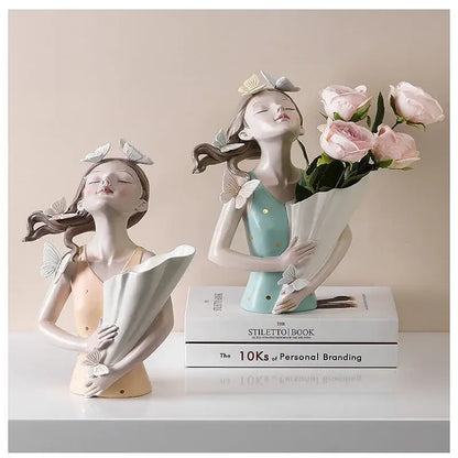 Pastel butterfly girl flower vase living room resin ornaments