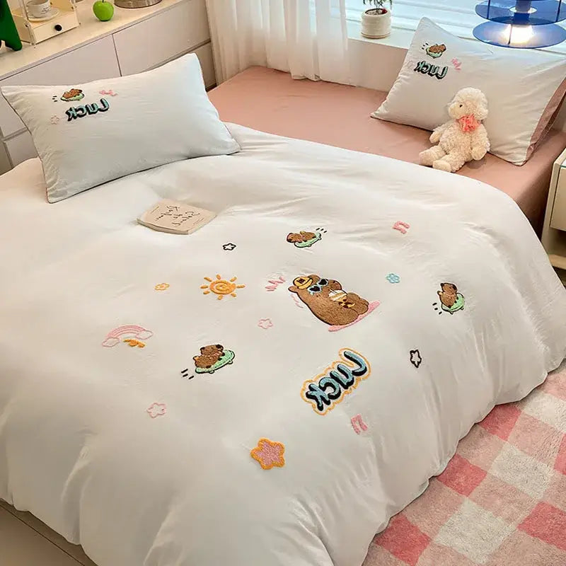 Pastel cartoon embroidered cotton bedding set for bedroom