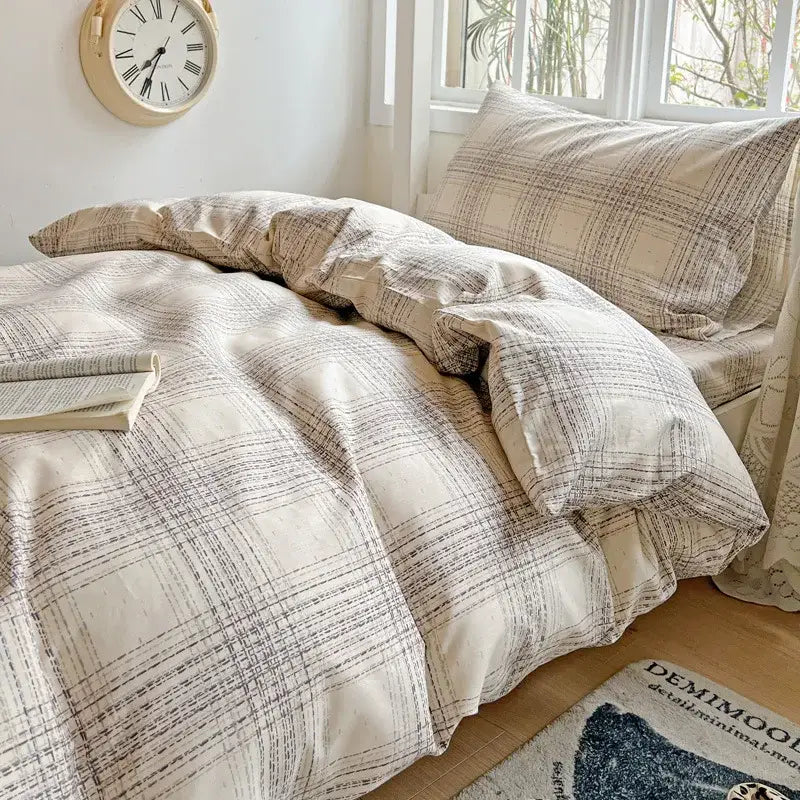 Pastel checkered cotton grid pattern bedding set for bedroom