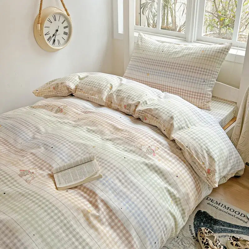 Pastel checkered cotton grid pattern bedding set for bedroom