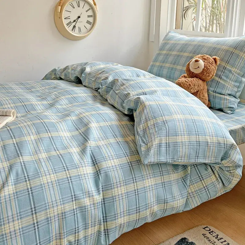 Pastel checkered cotton grid pattern bedding set for bedroom