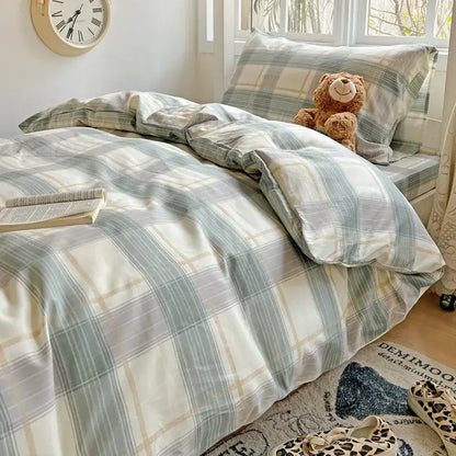 Pastel checkered cotton grid pattern bedding set for bedroom