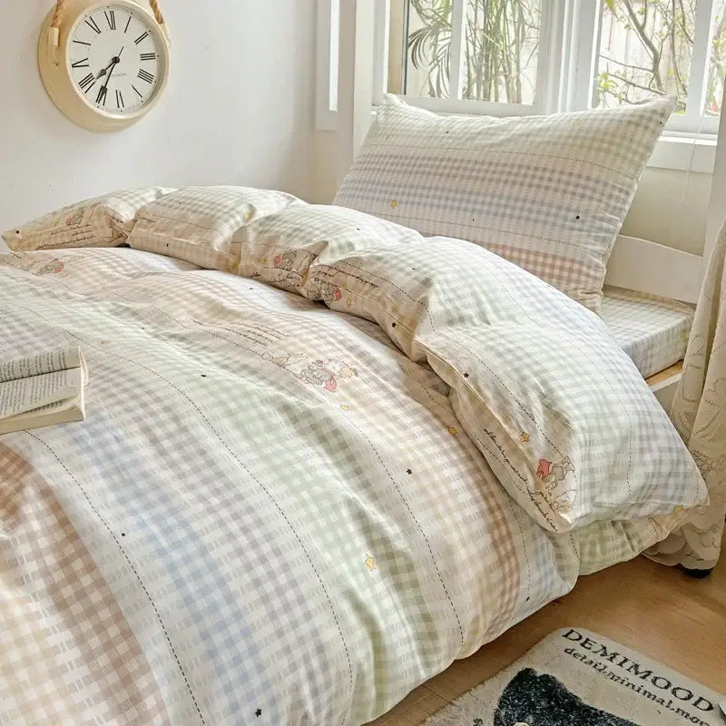 Pastel checkered cotton printed student bedding set bedroom decor