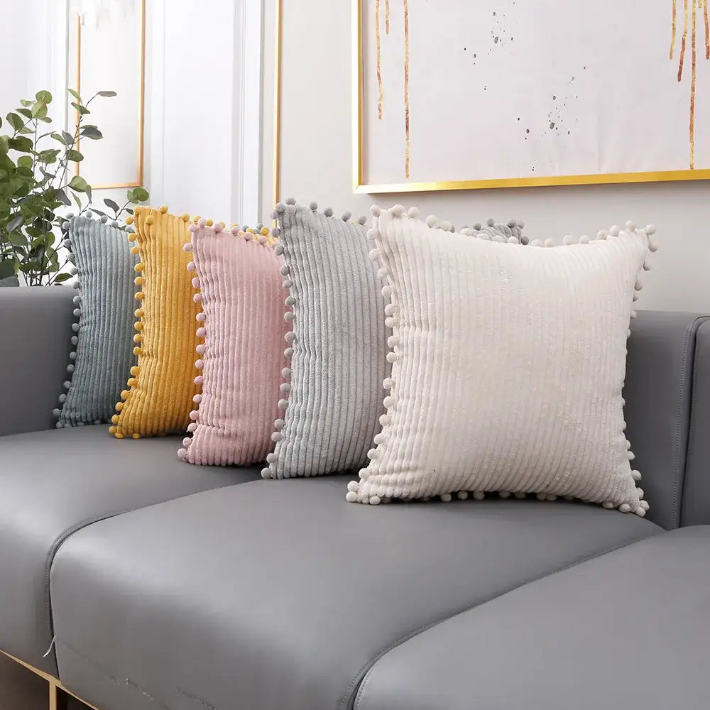 Pastel corduroy pompom cushion cover living room throw pillow