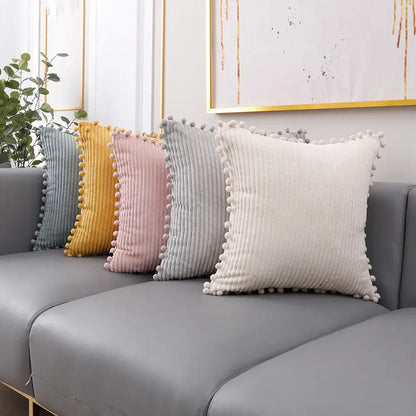 Pastel corduroy pompom cushion cover living room throw pillow