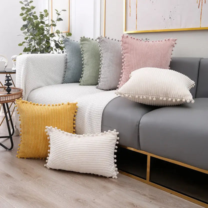 Pastel corduroy pompom cushion cover living room throw pillow