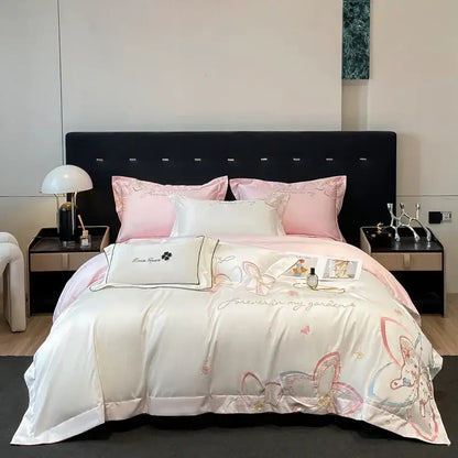 Pastel embroidered butterfly flowers bedding set bedroom duvet set