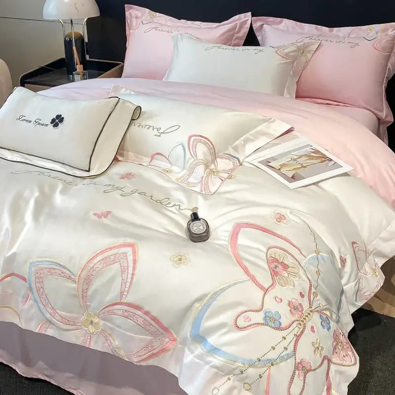 Pastel embroidered butterfly flowers bedding set bedroom duvet set
