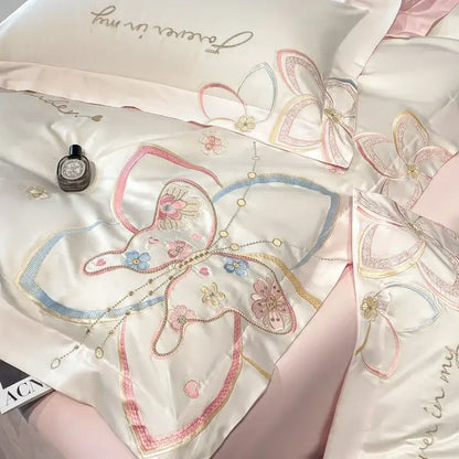 Pastel embroidered butterfly flowers bedding set bedroom duvet set