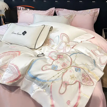 Pastel embroidered butterfly flowers bedding set bedroom duvet set