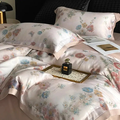Pastel floral flowers prints bedding set bedroom satin duvet cover