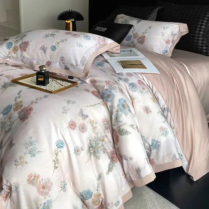 Pastel floral flowers prints bedding set bedroom satin duvet cover