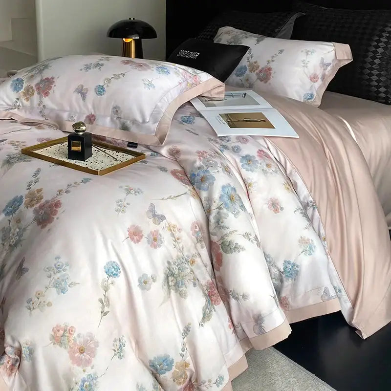 Pastel floral flowers prints bedding set bedroom satin duvet cover