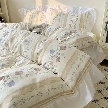 Pastel floral korean lace bedding set – bedroom ruffled bedclothes