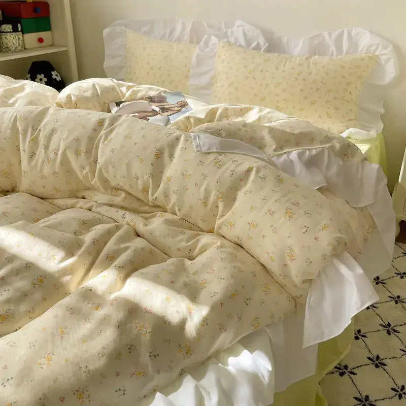 Pastel floral korean lace bedding set – bedroom ruffled bedclothes