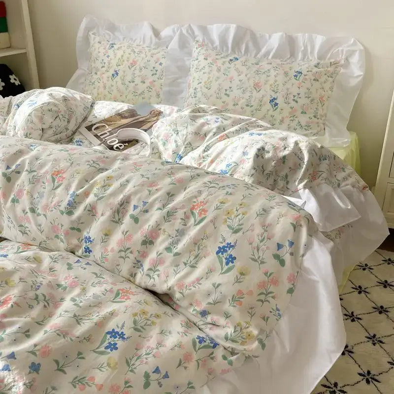 Pastel floral korean lace bedding set – bedroom ruffled bedclothes