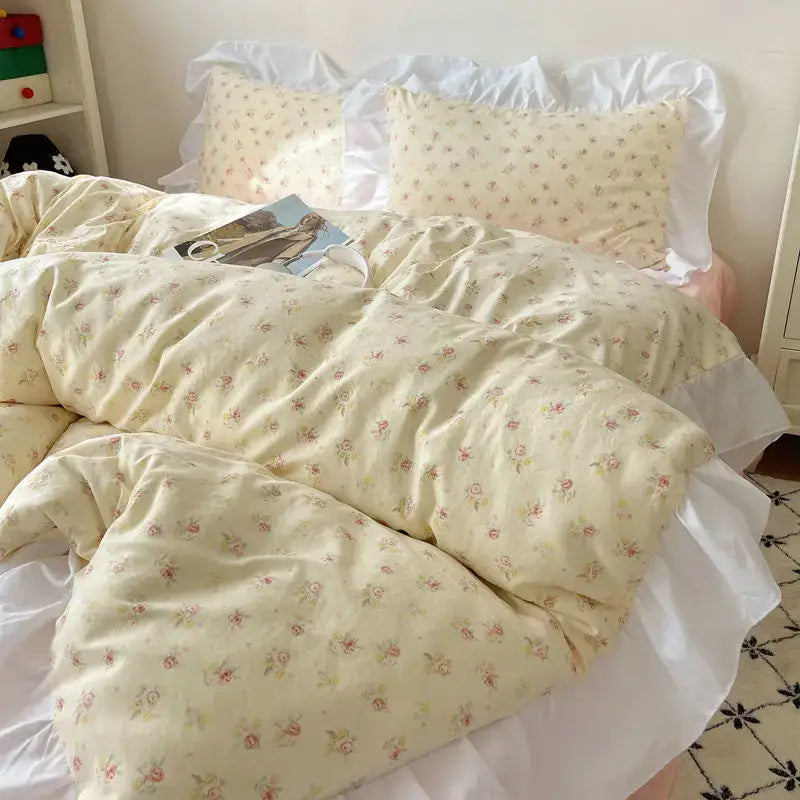 Pastel floral korean lace bedding set – bedroom ruffled bedclothes
