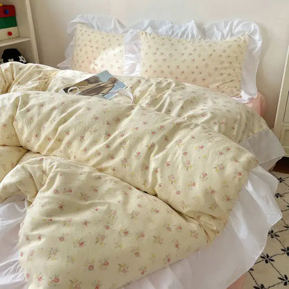 Pastel floral korean lace bedding set – bedroom ruffled bedclothes