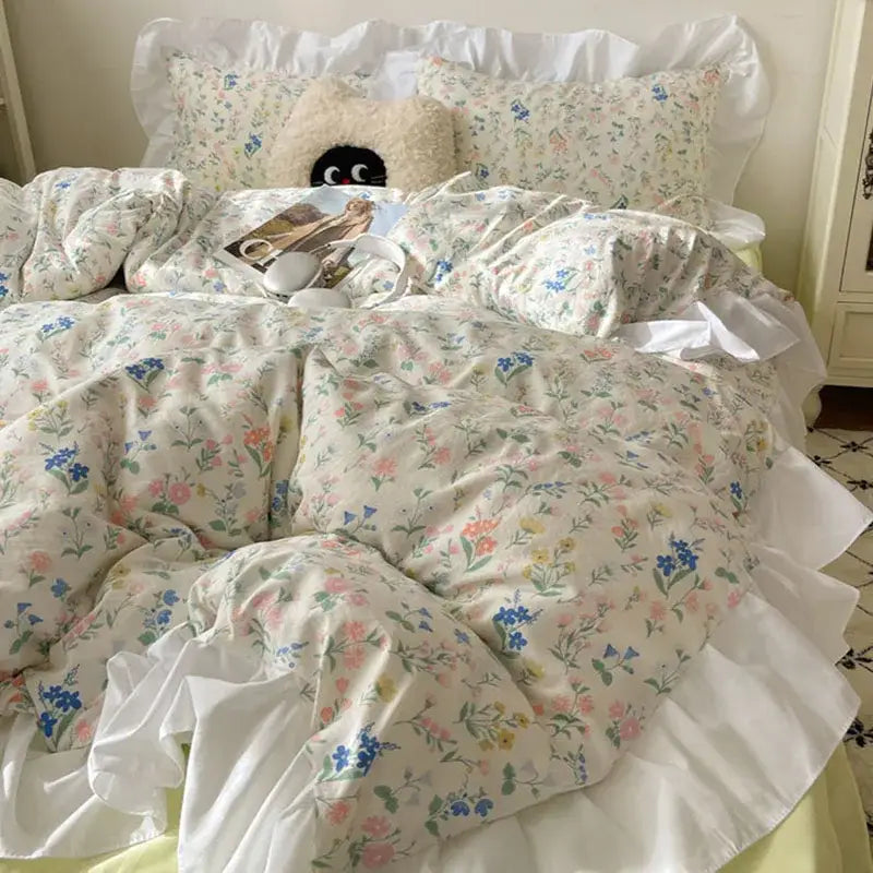 Pastel floral korean lace bedding set – bedroom ruffled bedclothes