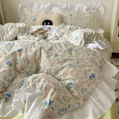 Pastel floral korean lace bedding set – bedroom ruffled bedclothes