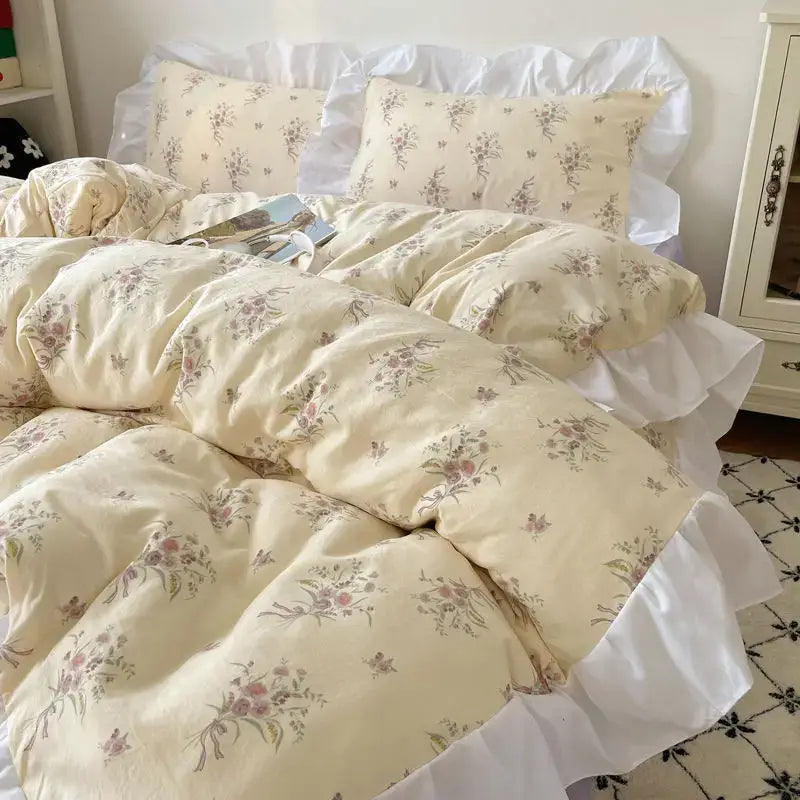 Pastel floral korean lace bedding set – bedroom ruffled bedclothes