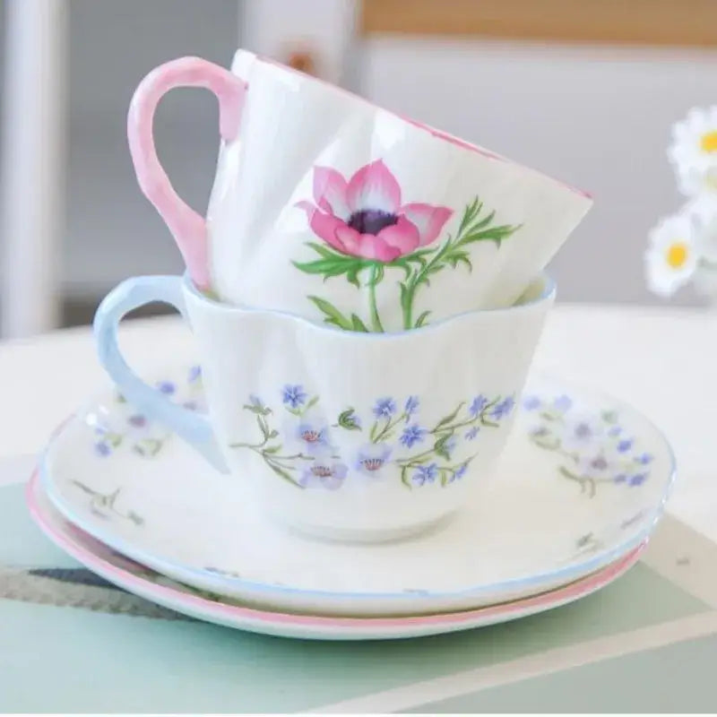 Pastel floral porcelain coffee cup and saucer set dining room