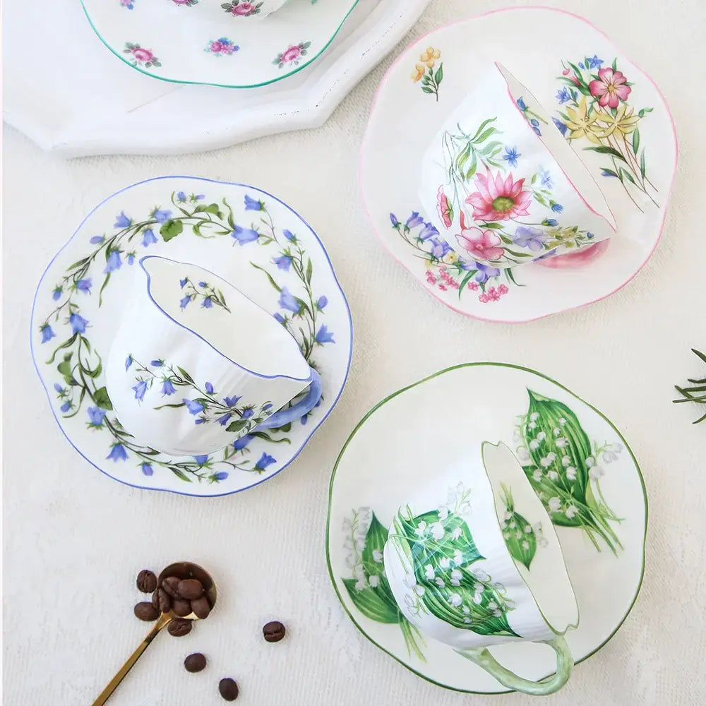 Pastel floral porcelain coffee cup and saucer set dining room
