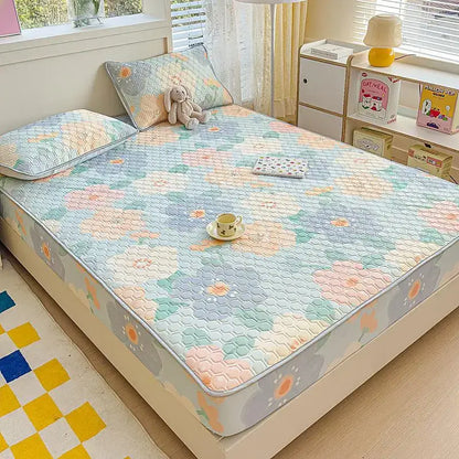 Pastel floral quilted latex fitted sheet set bedroom bed pad