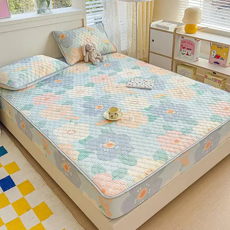 Pastel floral quilted latex fitted sheet set bedroom bed pad