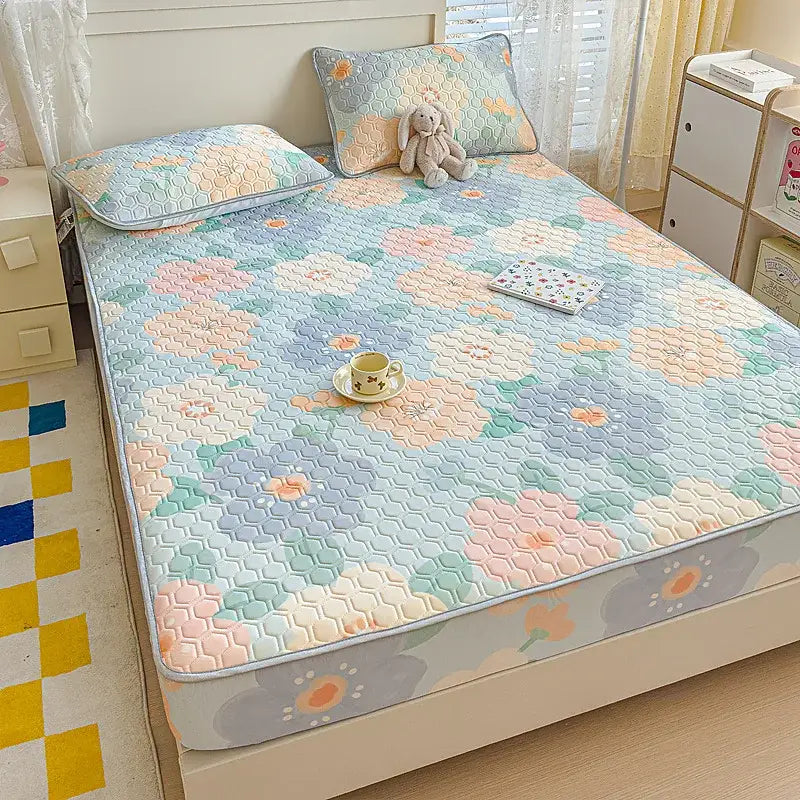 Pastel floral quilted latex fitted sheet set bedroom bed pad