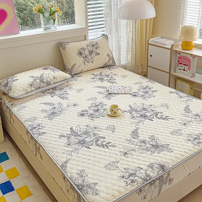Pastel floral quilted latex fitted sheet set bedroom bed pad