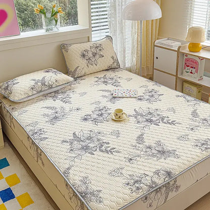 Pastel floral quilted latex fitted sheet set bedroom bed pad