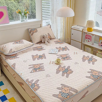Pastel floral quilted latex fitted sheet set bedroom bed pad