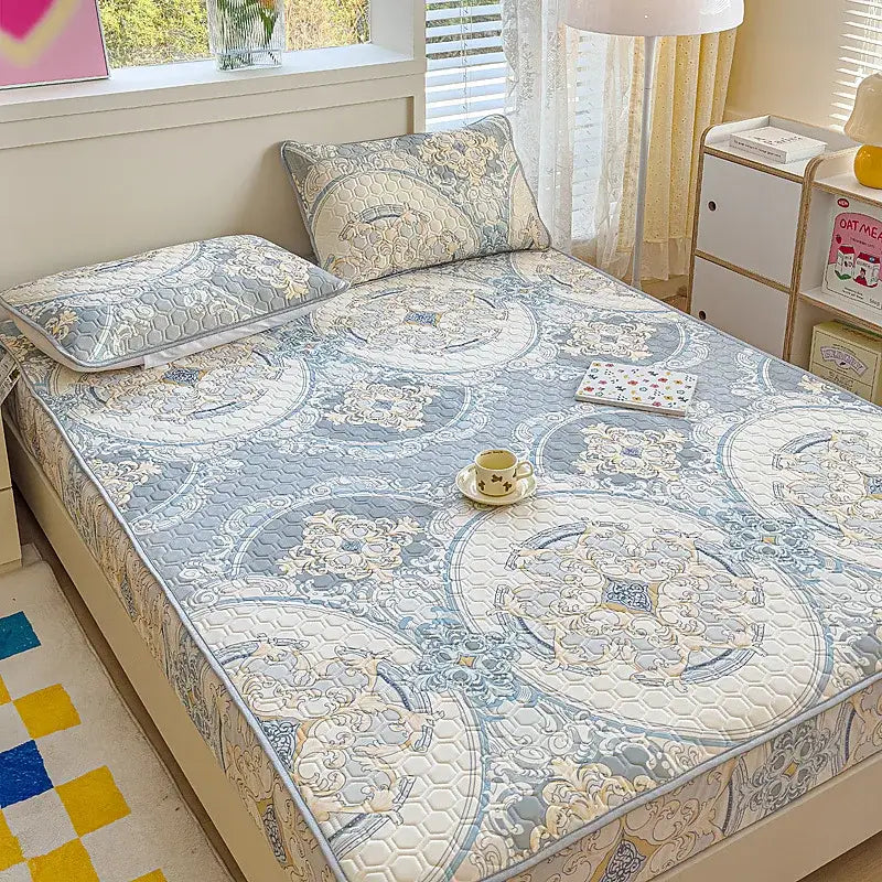 Pastel floral quilted latex fitted sheet set bedroom bed pad