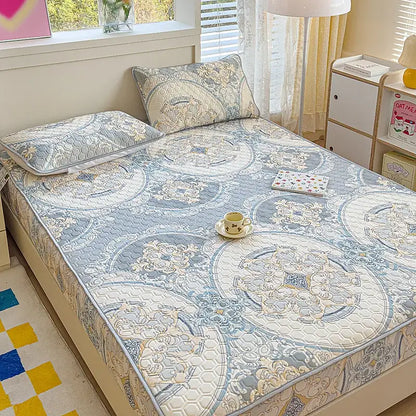 Pastel floral quilted latex fitted sheet set bedroom bed pad
