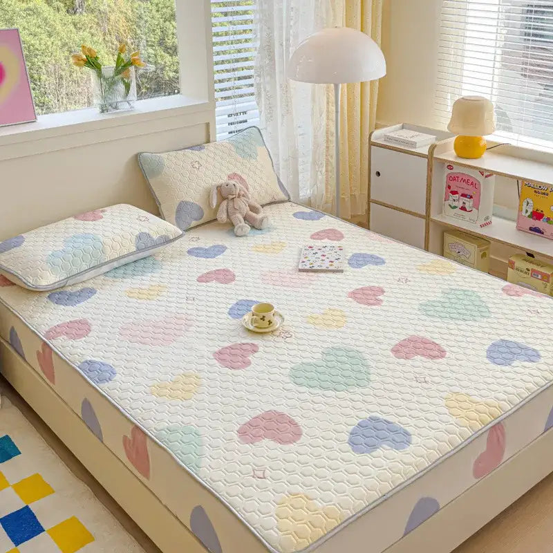 Pastel floral quilted latex fitted sheet set bedroom bed pad