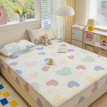 Pastel floral quilted latex fitted sheet set bedroom bed pad