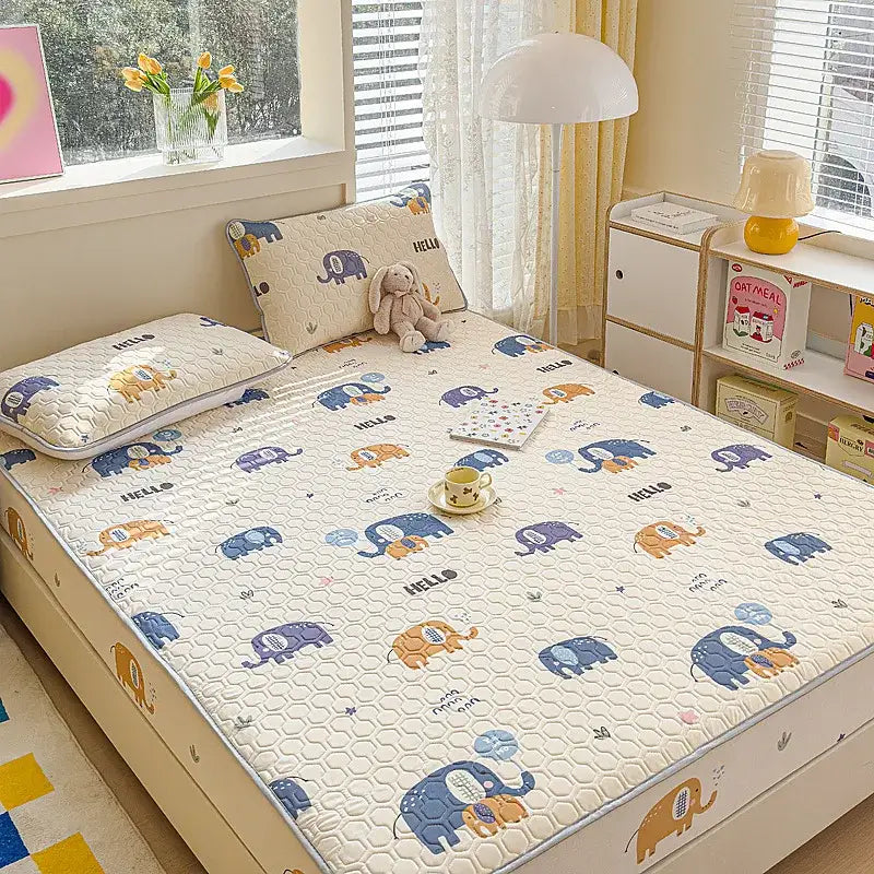 Pastel floral quilted latex fitted sheet set bedroom bed pad