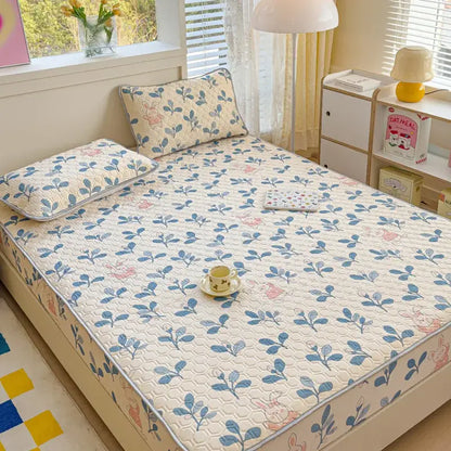Pastel floral quilted latex fitted sheet set bedroom bed pad