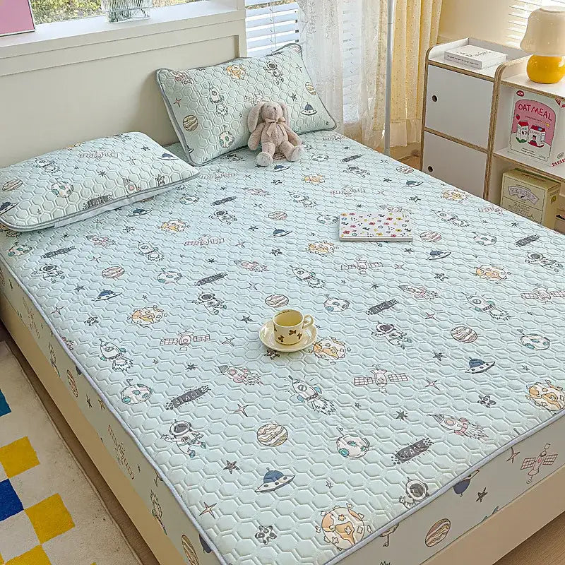 Pastel floral quilted latex fitted sheet set bedroom bed pad