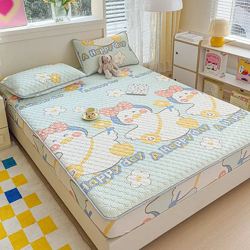 Pastel floral quilted latex fitted sheet set bedroom bed pad