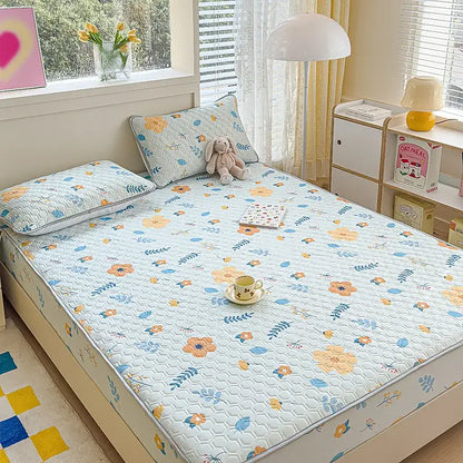 Pastel floral quilted latex fitted sheet set bedroom bed pad
