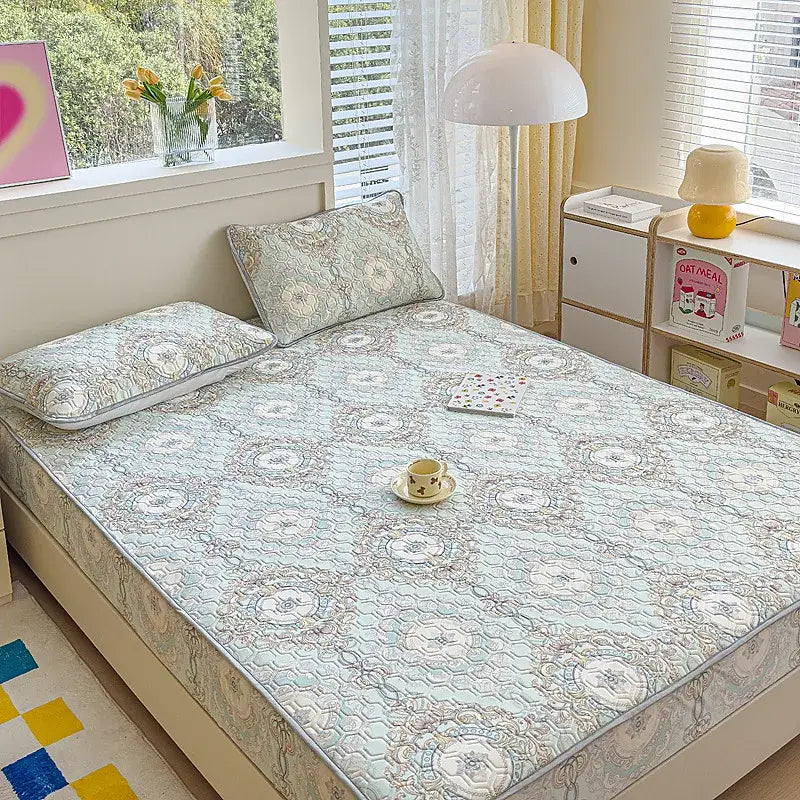 Pastel floral quilted latex fitted sheet set bedroom bed pad