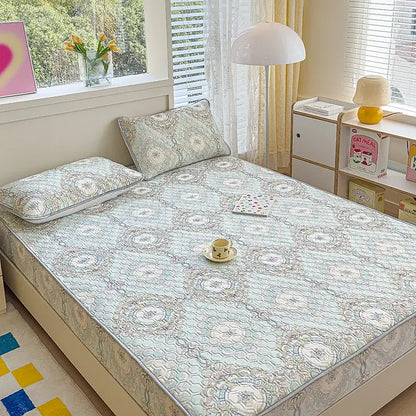 Pastel floral quilted latex fitted sheet set bedroom bed pad